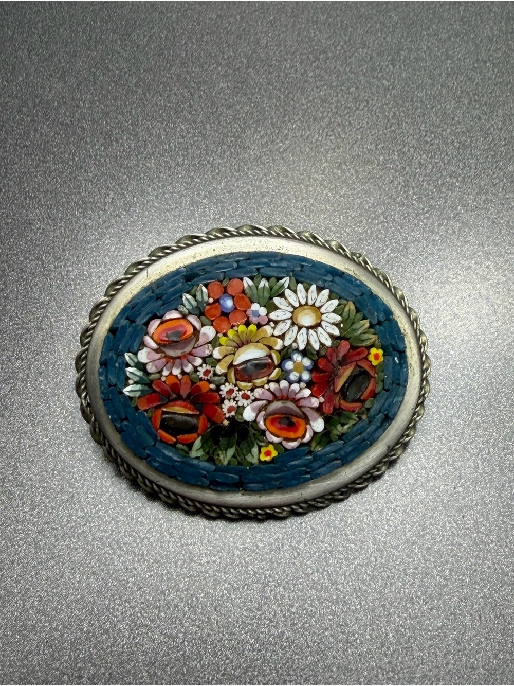 Vintage Floral Micro-Mosaic Oval Brooch - Blue & Multicolor #mo167